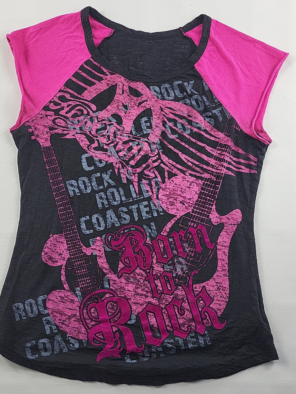 Rock 'n' Roller Coaster Y2K Graphic Tee Pink Black Skull Guitar Size Large